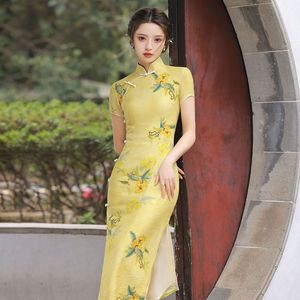2024年新款女夏季年轻款蚀骨复古民国黄色长款中国风苏州经典旗袍