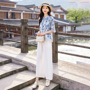 中国风套装女夏装新款小个子时尚气质显瘦古风出游亚麻裤子两件套
