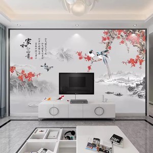 新中式山水墙布现代简约花鸟墙纸客厅卧室电视背景墙壁纸影视壁画