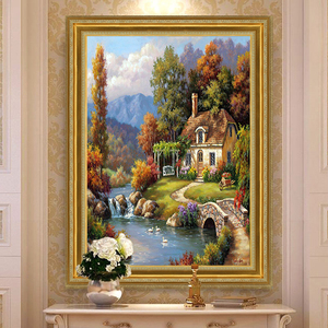 欧式山水风景油画手绘古典挂画客厅壁画美式竖版玄关装饰画大芬村