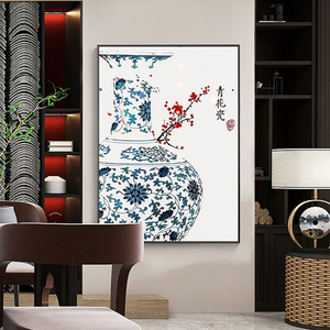 青花瓷手绘油画新中式装饰画玄关壁挂画高端大气寓意静物花瓶竖版