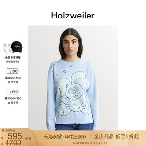 限时甄选男女同款Holzweiler小衣架系列蓝色卡通兔子印花长袖毛衣