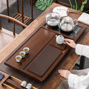 黑檀茶盘新款全自动茶具套装家用实木功夫茶台大号茶海电磁炉一体