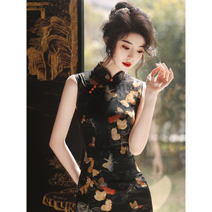 黑色旗袍夏季新款2024改良新中式年轻款少女复古老上海无袖民国风