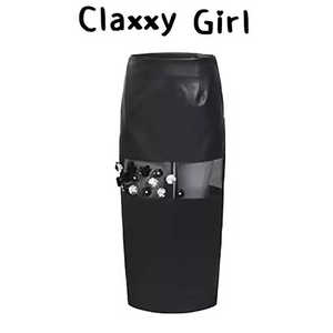黑色重工钉珠花朵pu皮裙夏季半透明网纱拼接直筒裙显瘦包臀半身裙