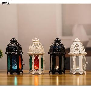 跨境欧式摩洛哥玻璃烛台金属风灯创意香薰蜡烛杯铁艺装饰品摆定制