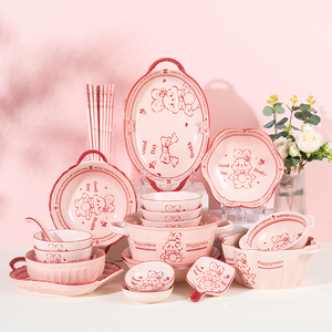 卡通碗盘组合粉色可爱少女心餐具高颜值陶瓷碗碟套装家用汤碗饭碗