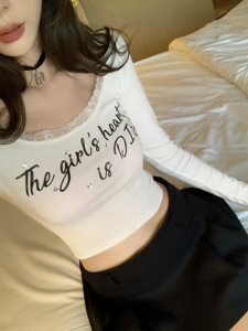 DailyDash【y2k 少女】白色字母蕾丝边长袖套头修身短款打底衫T恤