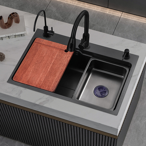 欧派水槽加厚大单槽厨房304洗菜盆黑纳米不锈钢洗碗池台上中下盆