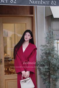 Redmole【莓果糖浆】韩系青果领浴袍羊毛呢外套时尚红色秋冬大衣