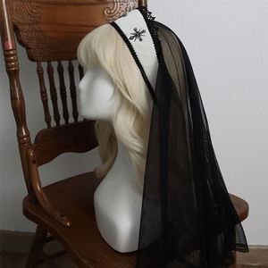 修女头饰复古发带黑白 Lolita暗夜圣女 教堂十字刺绣亮钻披肩头纱