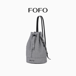 FOFO条纹水手包女新款韩系原创小众设计师包包真皮抽绳斜挎水桶包