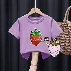 变色衣服100%纯棉t恤卡通儿童亮片长袖西瓜草莓变色男童女童款短t