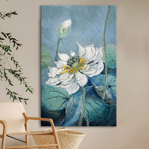 抽象荷花手绘油画新中式花卉装饰画中国风客厅玄关挂画无框肌理画