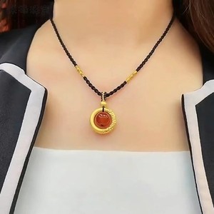 黄金平安扣吊坠金箍圈相思豆红玛瑙项链999足金编织绳送女友礼物