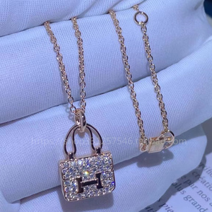 爱马仕新款包包项链18k玫瑰金康康h字母满钻kelly锁骨链