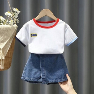 女童春夏短袖套装韩版儿童时髦一套衣服洋气女宝宝牛仔裙裤两件套