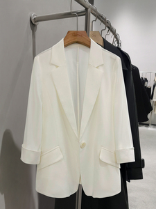 白色简约休闲西装外套女2024夏季新款韩版七分袖百搭轻薄西服上衣