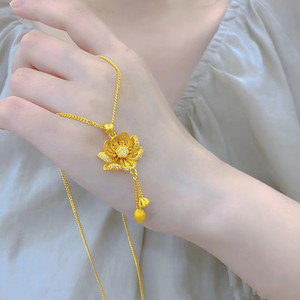 新款黄金吊坠项链钢印999金荷花两世欢流苏吊坠硬金古法素金 送礼