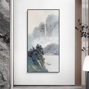 新中式山水风景抽象纯手绘油画客厅装饰画寓意好玄关过道挂画竖版
