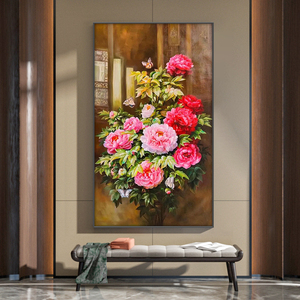 新中式花开富贵牡丹花手绘装饰画正对门玄关油画古典花卉高档挂画