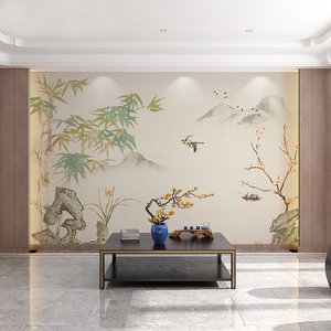 现代新中式客厅沙发电视背景墙轻奢简约壁纸水墨山水花鸟墙布壁画