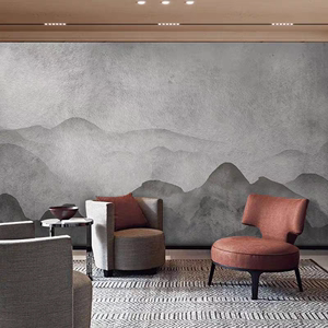 新中式山峦山水造型壁画复古水泥纹理墙布简约手绘灰色侘寂风墙纸