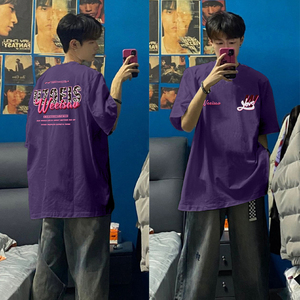 新款美式短袖T恤男款重磅纯棉夏季潮牌高街痞帅复古宽松半袖紫色