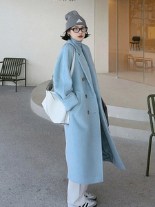 韩系蓝色呢子大衣女秋冬新款今年流行高级感超好看中长款毛呢外套