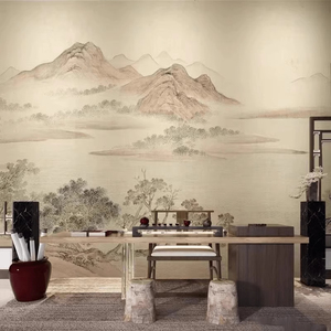 新中式高端刺绣墙布复古壁布客餐厅墙纸电视背景墙复古山水硬包