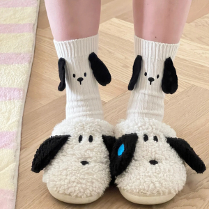 可爱小狗耳朵袜子透气韩版日系搞怪黑白中筒袜堆堆袜子女秋季时尚