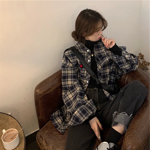 冠军彩虹设计感小众衬衣女秋季复古格子衬衫外套宽松polo衫上衣