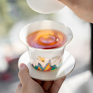 鹤瑞呈祥白瓷薄胎敬茶碗手绘羊脂玉瓷三才盖碗简约中式泡茶碗茶具