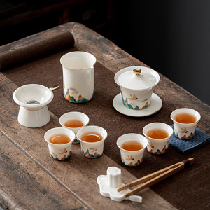 羊脂玉功夫茶具套组白瓷茶具年会礼品茶具国潮风鹤瑞呈祥10头盖碗
