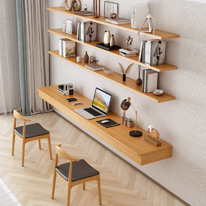 靠墙壁挂式悬空书桌书架组合墙上一字形长条实木带抽屉定制电脑桌