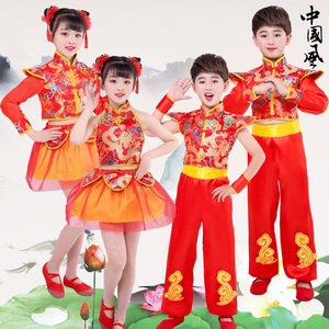 六一儿童喜庆风演出服说唱中国红秧歌太平女儿鼓小梦娃舞蹈演出服