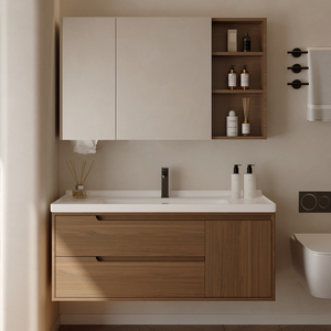 新中式胡桃木色浴室柜组合陶瓷一体洗手盆洗脸盆卫生间洗漱台镜柜
