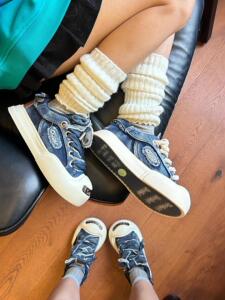 ouder鞋子白鹿同款开口笑帆布鞋女增高厚底丑萌大头鞋情侣小白鞋