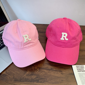 夏季显白糖果色R字母棒球帽女玫粉色软顶百搭显脸小学生鸭舌帽子
