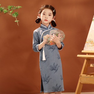 蓝色旗袍女童中国风秋季长袖连衣裙古风汉服唐装儿童改良公主裙子