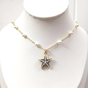 施家idyllia精致海星珍珠吊坠项链女蓝色海洋系列星星水晶锁骨链