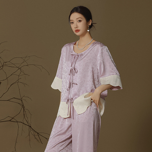 紫色花语古装汉服睡衣女中袖薄款丝绸夏季国风新中式家居服套装