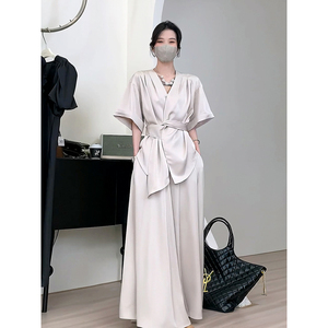 中式禅意茶服套装宽松高端御姐收腰垂感短袖衬衣半身裙缎面两件套