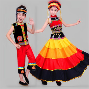 彝族七月火把节服装开场舞台表演出服少数民族舞蹈衣服大摆裙儿童