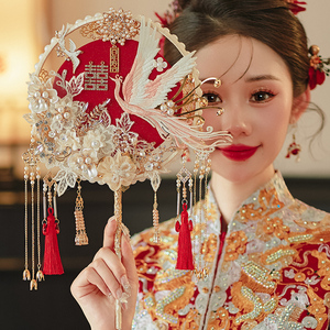 中式新娘团扇 结婚diy材料包香槟秀禾扇手工喜扇高端礼物成品红扇