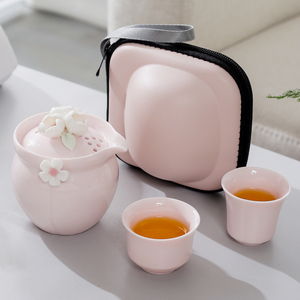 手捏花粉系旅行茶具女士专用户外泡茶器外出便携一壶二杯茶器带包