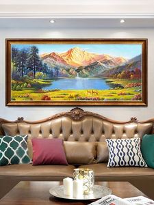 欧式山水装饰画客厅美式沙发背景墙挂画横款壁画风景手绘油画金山