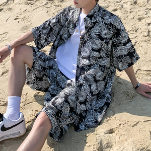 适合海南海边度假的沙滩衣服男士夏威夷风三亚旅游花衬衫短裤套装