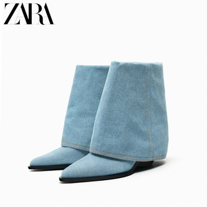 ZARA2023秋冬新款女鞋蓝色牛仔高跟短靴女尖头裤管靴短筒靴子粗跟