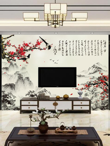 中式壁画墙布客厅电视背景墙壁纸沁园春书法画梅花墙纸浪淘沙诗词